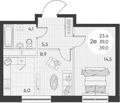 2-комн., 39 м², 11/13 этаж, ЖК «Грин Эппл»