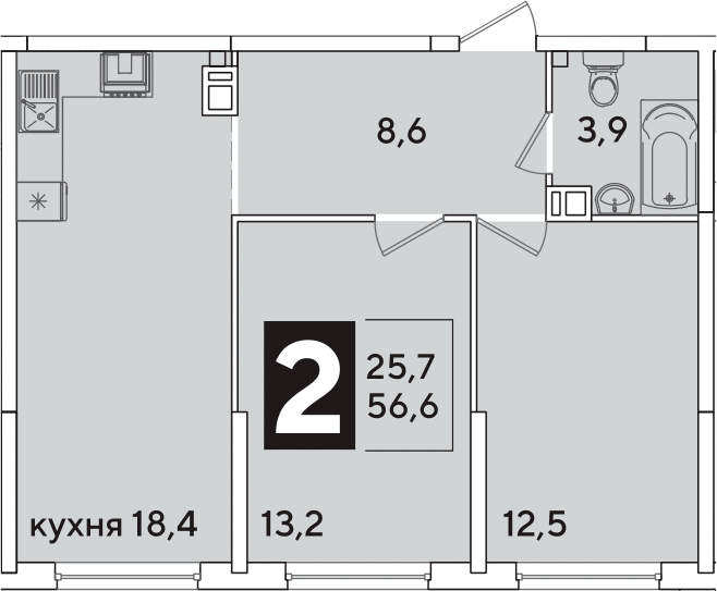3-комн., 56.6 м², 5/16 этаж, ЖК «Самолет»