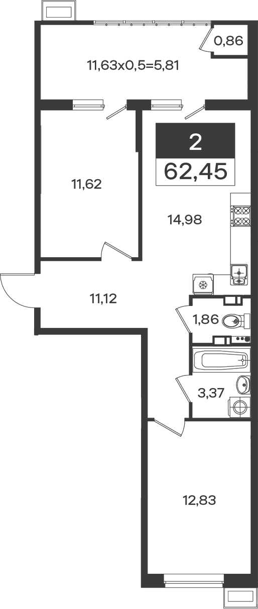 Продается 2-комн. квартира, 55.78 м²