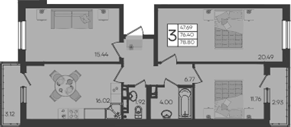 3-комн., 76.39 м², 5/9 этаж, ЖК «Дом 101»