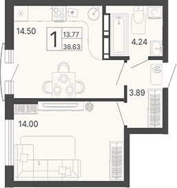 1-комн., 36.63 м², 17/17 этаж, ЖК «Светский лес»