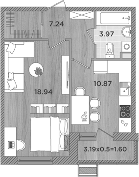 1-комн., 41.02 м², 1/8 этаж, ЖК «Сады у моря»