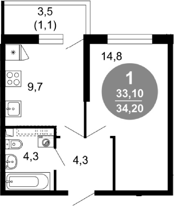 1-комн., 33.1 м², 1/17 этаж, ЖК «Лестория»