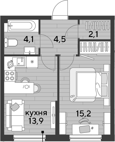 1-комн., 39.8 м², 2/16 этаж, ЖК «DОГМА ПАРК»