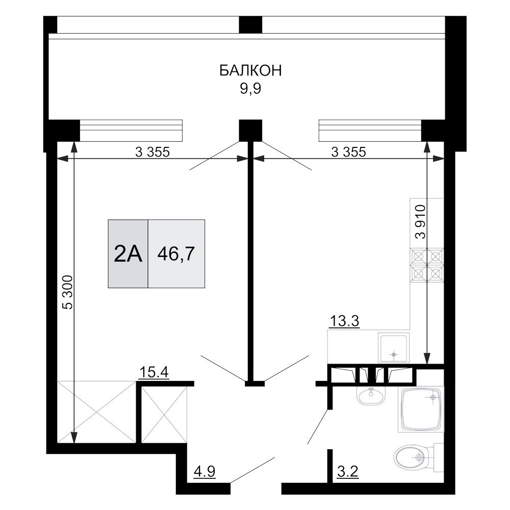 2-комн., 36.8 м², 5/9 этаж, ЖК «Гостиничный комплекс Мореград»