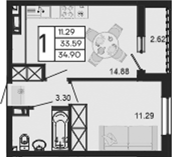 1-комн., 33.59 м², 3/9 этаж, ЖК «Дом 101»