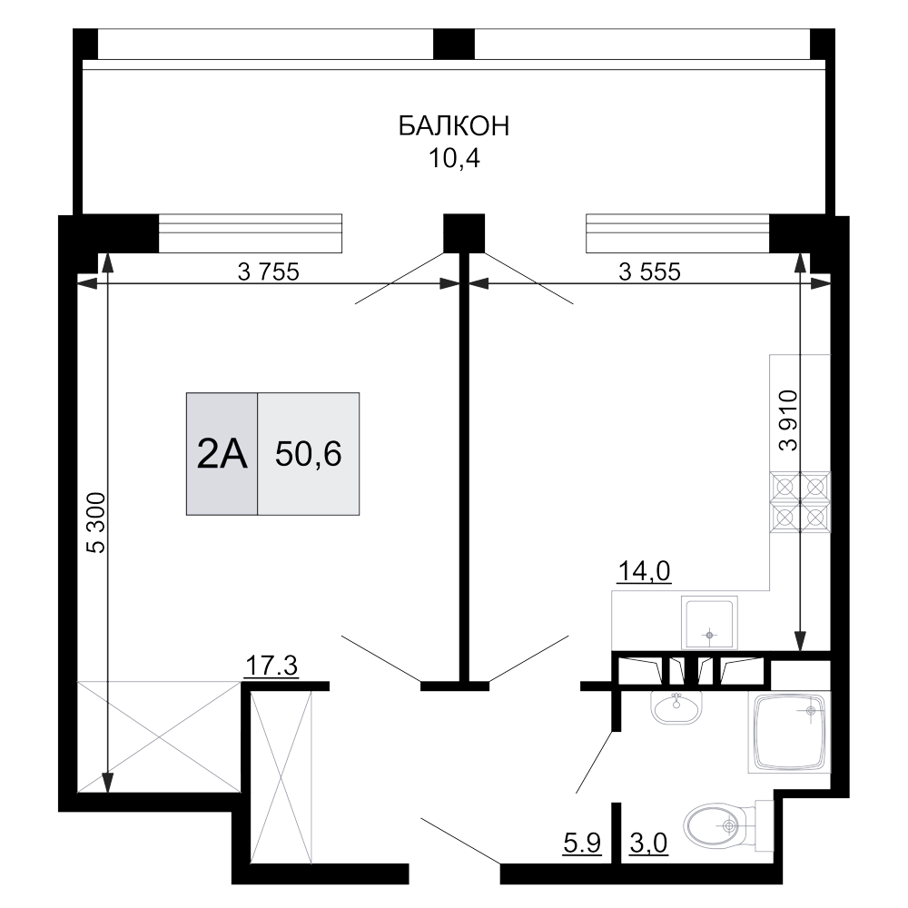 2-комн., 40.2 м², 3/9 этаж, ЖК «Гостиничный комплекс Мореград»