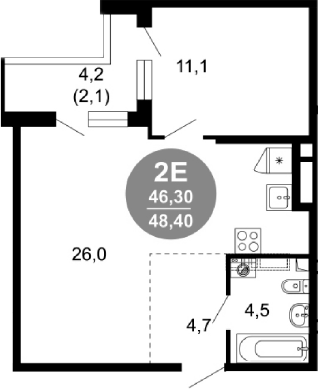 2-комн., 46.3 м², 2/17 этаж, ЖК «Лестория»