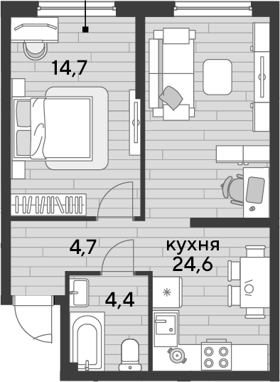 1-комн., 48.4 м², 2/19 этаж, ЖК «DОГМА ПАРК»