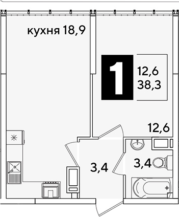 2-комн., 38.3 м², 16/16 этаж, ЖК «Самолет»