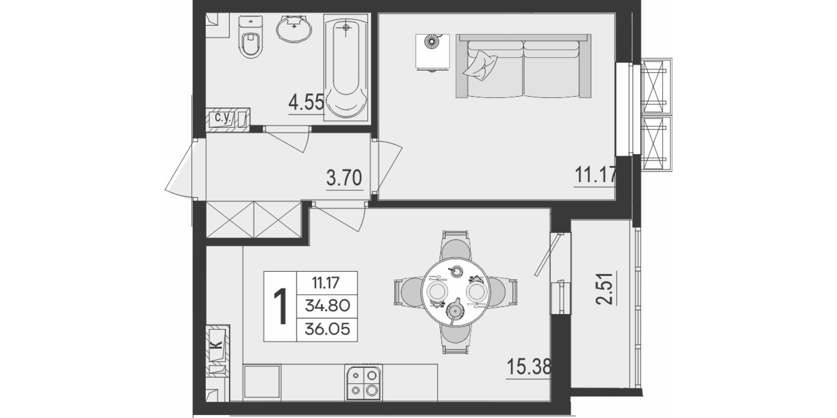 1-комн., 34.8 м², 8/9 этаж, ЖК «Дом 101»
