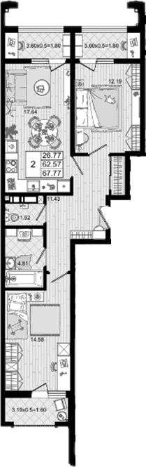 2-комн., 62.57 м², 8/8 этаж, ЖК «Резиденция морей»