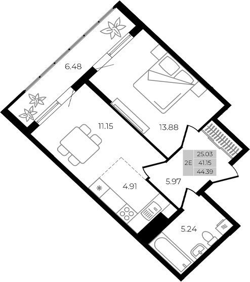 2-комн., 41.15 м², 1/8 этаж, ЖК «Курортный регион»