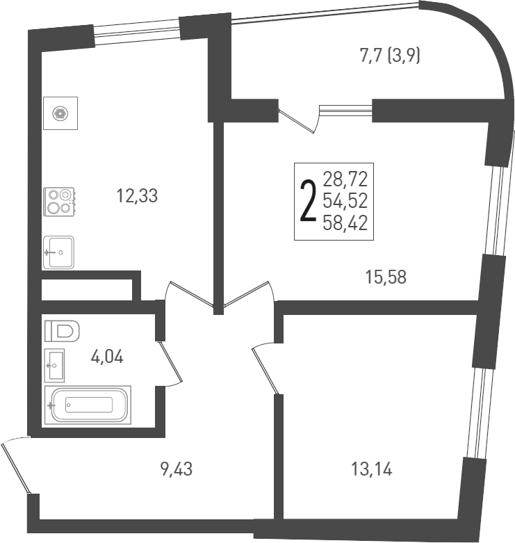 2-комн., 55.9 м², 20/24 этаж, ЖК «ЖК «Кубанская Крепость»»