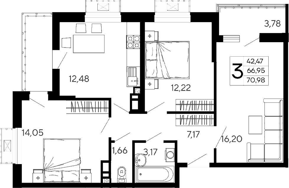 3-комн., 66.95 м², 4/16 этаж, ЖК «Эпос»