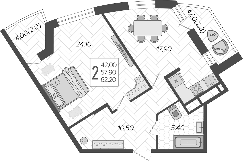 2-комн., 57.9 м², 13/16 этаж, ЖК «Зеленодар»