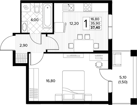 Продается 1-комн. квартира, 35.9 м²