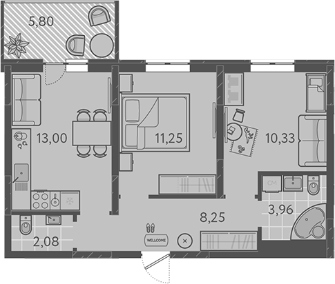 2-комн., 48.87 м², 1/9 этаж, ЖК «Теплые края»