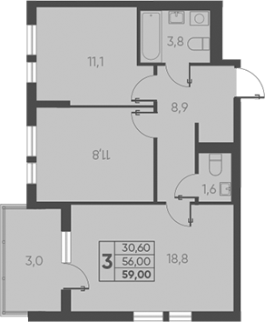 2-комн., 58.9 м², 2/15 этаж, ЖК «Барса»