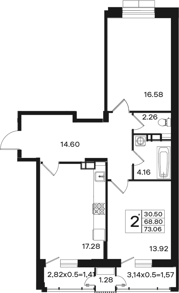 2-комн., 68.8 м², 3/11 этаж, ЖК «Эндемик»
