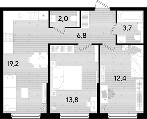 2-комн., 57.9 м², 2/16 этаж, ЖК «DОГМА ПАРК»