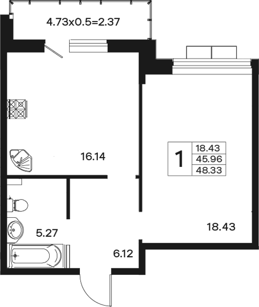 1-комн., 44.32 м², 1/12 этаж, ЖК «Эндемик»