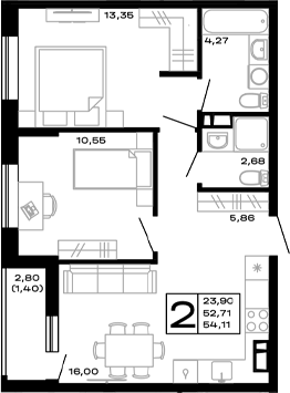 2-комн., 52.71 м², 13/16 этаж, ЖК «Горные высоты»