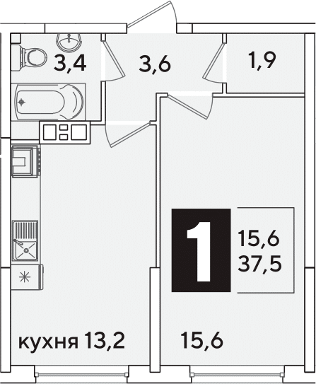 1-комн., 37.5 м², 4/16 этаж, ЖК «Самолет»