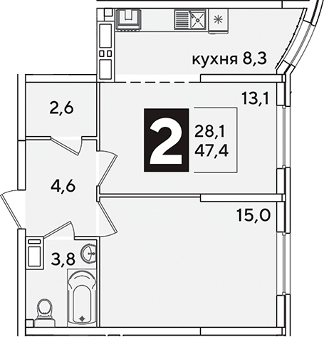 Продается 2-комн. квартира, 47.4 м²