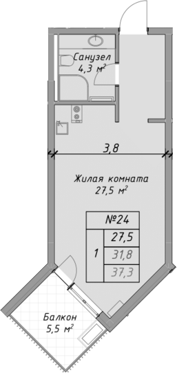 Студия, 31.8 м², 2/4 этаж, ЖК «Оазис Азова»