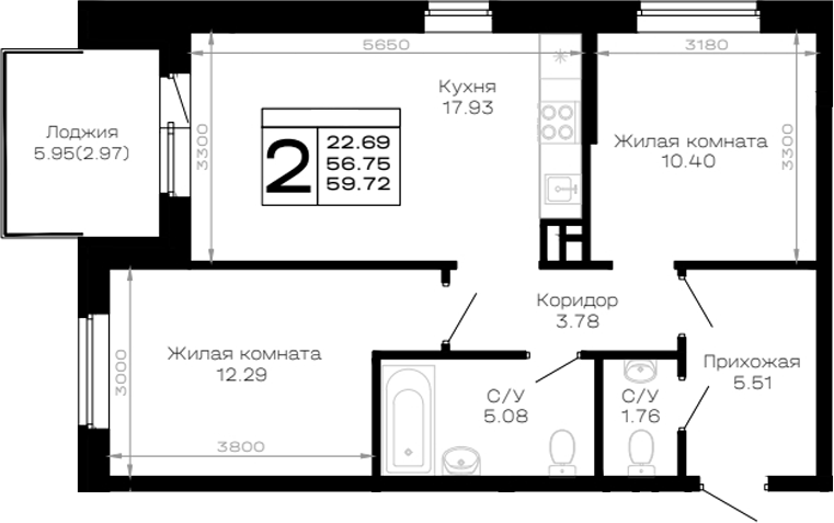 2-комн., 56.75 м², 1/4 этаж, ЖК «Усадьба Гостагаевская»