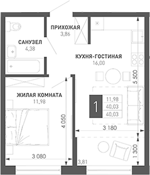 1-комн., 42.2 м², 4/18 этаж, ЖК «Иначе в Молодежном»