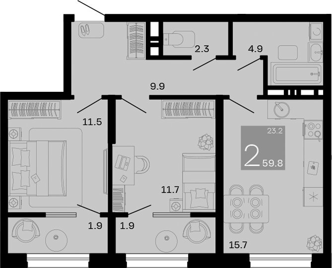 Продается 2-комн. квартира, 56 м²