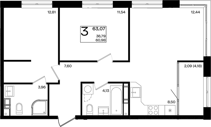 3-комн., 60.98 м², 5/18 этаж, ЖК «Патрики»