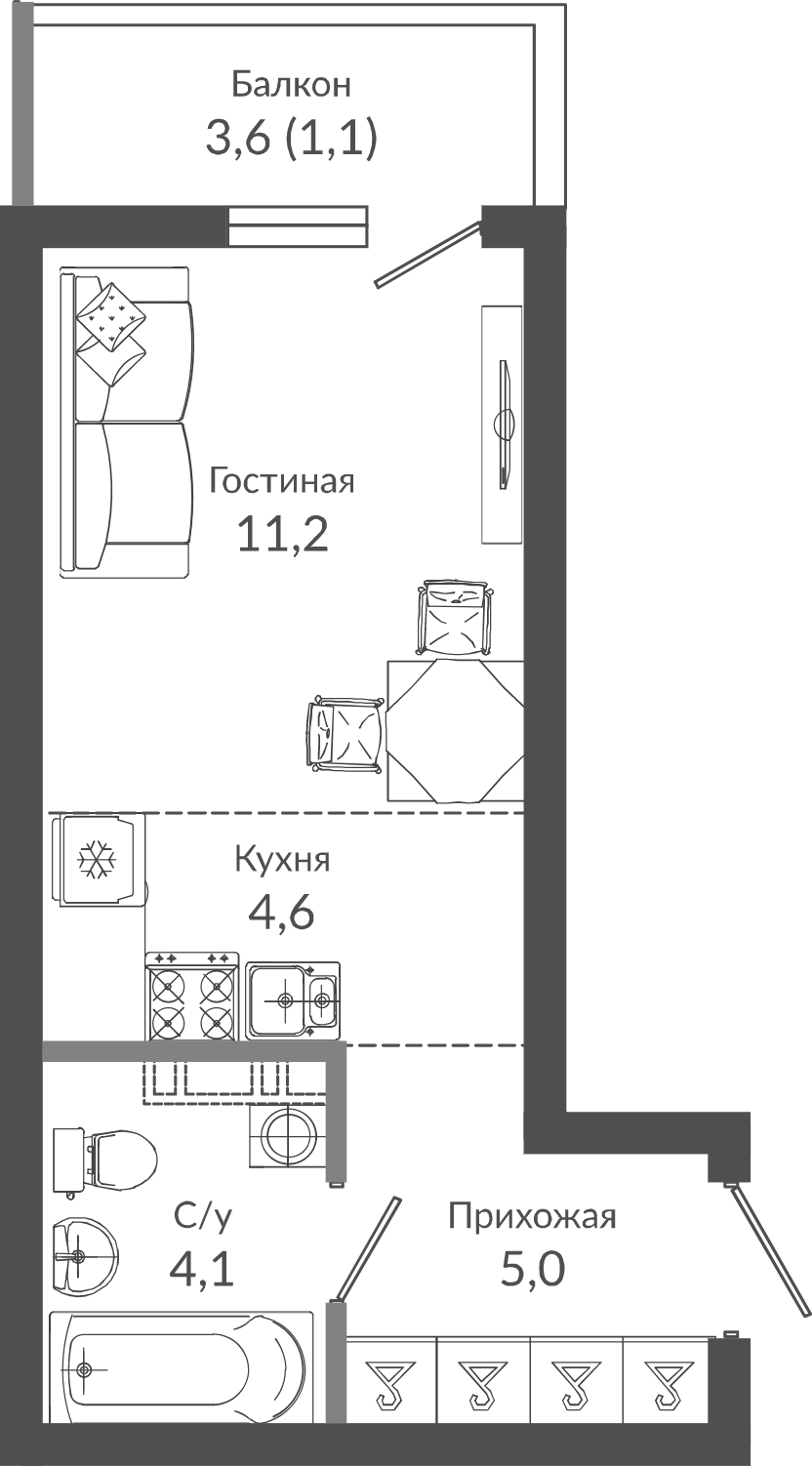 Студия, 24.9 м², 1/12 этаж, ЖК «Флора»