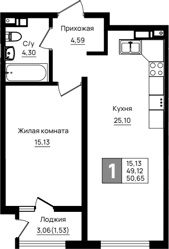 1-комн., 49.12 м², 3/9 этаж, ЖК «Резиденция морей»