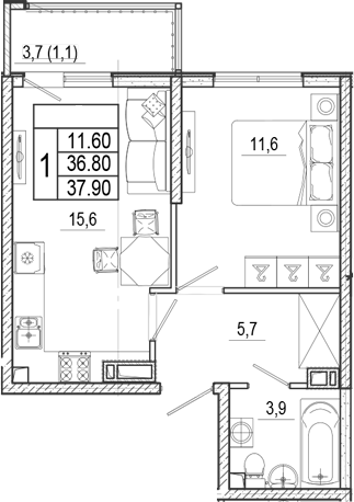 2-комн., 36.8 м², 14/15 этаж, ЖК «Лестория»
