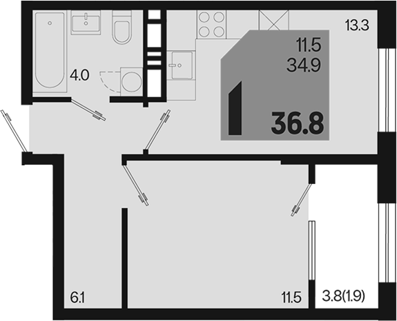 1-комн., 34.9 м², 10/18 этаж, ЖК «Первое место»