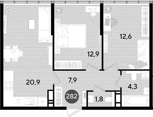 2-комн., 60.4 м², 16/16 этаж, ЖК «DОГМА ПАРК»