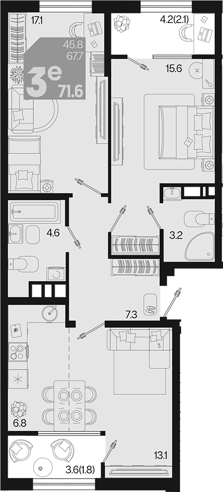 3-комн., 67.7 м², 9/9 этаж, ЖК «Первое место»