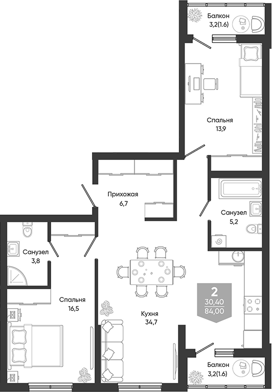 3-комн., 80.8 м², 2/24 этаж, ЖК «Облака»