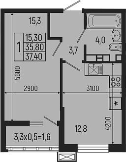 1-комн., 35.8 м², 7/7 этаж, ЖК «Звезды»