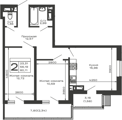 2-комн., 56.19 м², 5/16 этаж, ЖК «Долина»