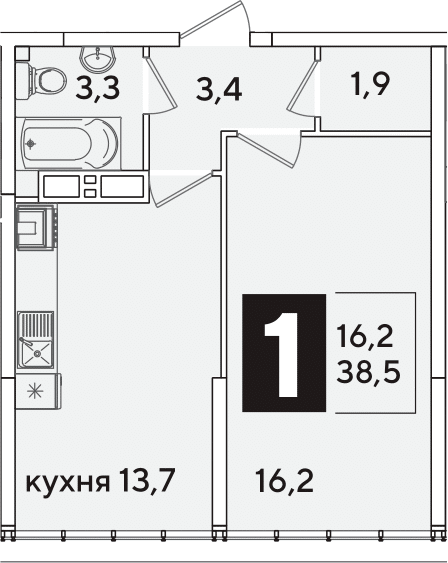 1-комн., 38.5 м², 16/16 этаж, ЖК «Самолет»