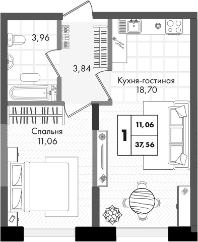 2-комн., 37.56 м², 7/9 этаж, ЖК «Зеленая территория»