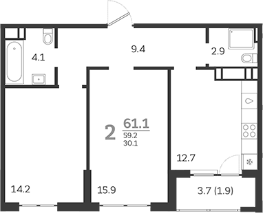 Продается 2-комн. квартира, 59.2 м²