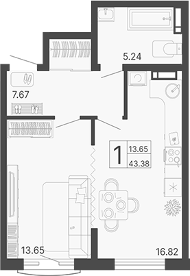 1-комн., 43.38 м², 16/17 этаж, ЖК «Светский лес»