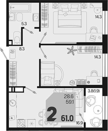 Продается 2-комн. квартира, 59.1 м²