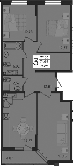 3-комн., 74.85 м², 11/18 этаж, ЖК «Дом 101»