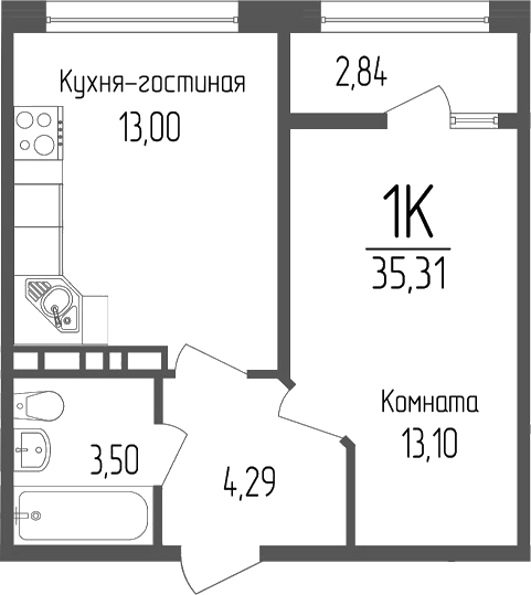 1-комн., 33.89 м², 10/16 этаж, ЖК «Портрет 2»